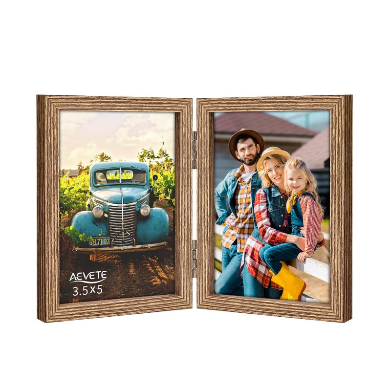 AEVETE 3.5x5 Picture Frames Double Hinged Wood Folding Photo Frames Vertical with Plexiglass Front, Wood Grain - Image 1
